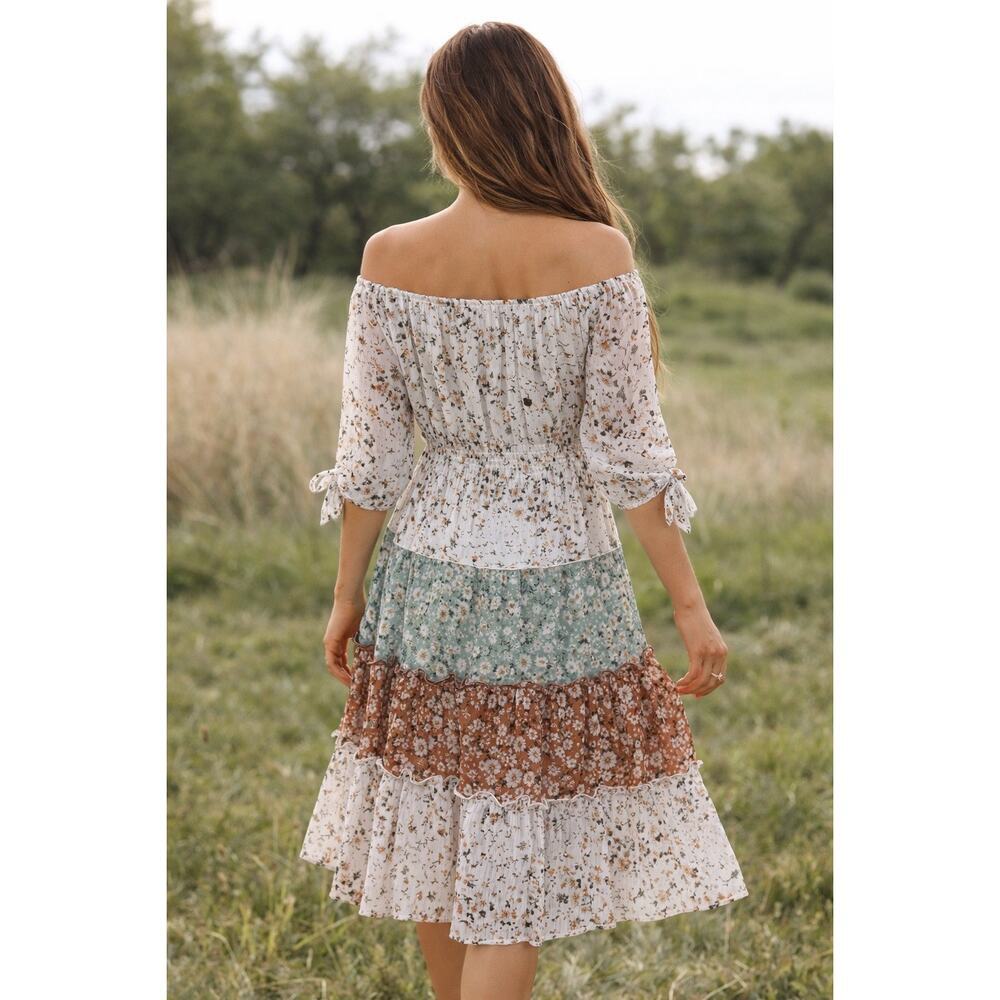 Fig & Flower Floral Tiered Midi Dress Boho Cottagecore  Size Medium - Picture 3 of 7
